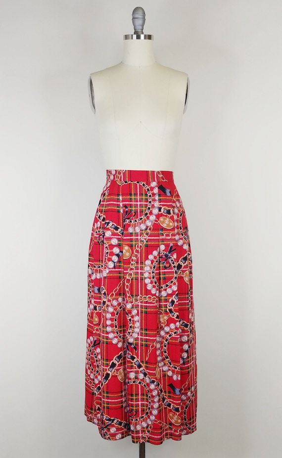 1990s Bows and Chains Novelty Print Plaid Midi Sk… - image 2