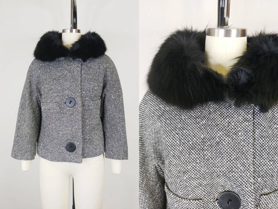 1960s Black and White Wool Tweed Fur Collar Suit … - image 1