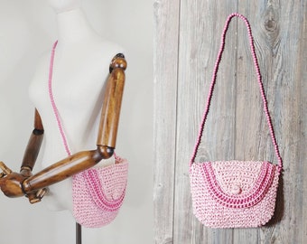 1960s Mod Shoulder Purse | Vintage 60s Light Pink Raffia Beaded Crossbody Bag | Women's Handbag Accessories