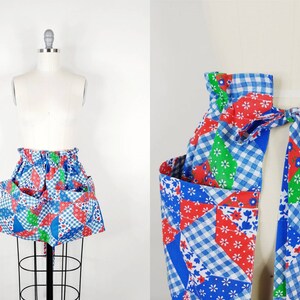 1970s Patchwork Work Apron | Vintage 70s Blue Red Green Quilt Print Half Apron | Women's Kitchen Cooking Apron