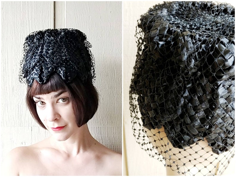 1960s Black Widow Raffia Petal Hat W Veil Vintage 60s Formal Etsy