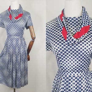 1960s Mod Dot Two Piece Set | Vintage 60s Navy Blue White Polka Dot Jersey Short Sleeve Blouse and Skirt | Women&#39;s Clothing XS Small