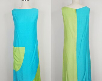 1960s Alfred Shaheen Hawaiian Color Block Silk Dress | Vintage 60s Turquiose Blue Lime Green Sleeveless Shift Dress | Women's Clothing