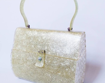 1950s Patricia of Miami Gold Glitter Confetti Lucite Box Purse | Vintage 50s Pearl Plastic Carved Lucite Handbag  | Women&#39;s Accessories