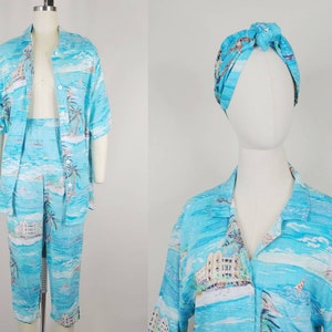 1990s Tomboy Tropical Reverse Print Rayon Three Piece Beach Set | Vintage 90s Capris Button Down Shirt Head Wrap | Womens Clothing