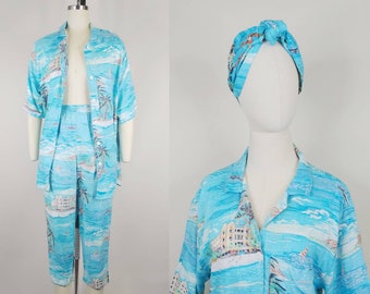 1990s Tomboy Tropical Reverse Print Rayon Three Piece Beach Set | Vintage 90s Capris Button Down Shirt Head Wrap | Womens Clothing