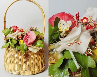 1960s Butterfly Garden Wicker Purse | Vintage 60s Floral Basket Handbag