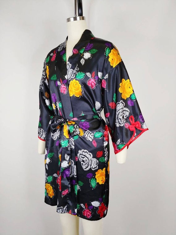 1990s California Dynasty Rose Print Kimono Robe |… - image 5