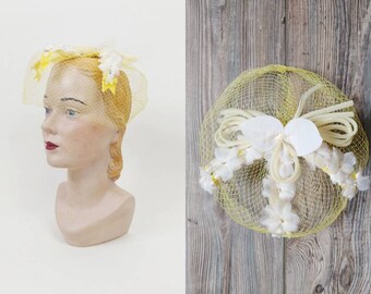 Vintage Yellow Chiffon Hat Pleated Bows Netting 1950s Union  display picture 2