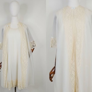 1960s Vanity Fair Double Layer Chiffon Peignoir Set | Vintage 60s Sheer Nylon Nightgown and Robe | Women&#39;s Sleepwear XS
