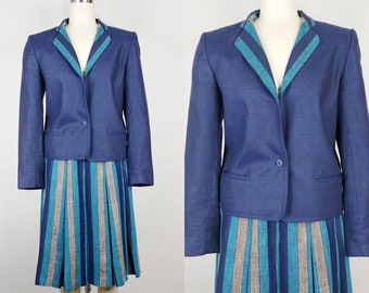 1970s Navy Striped Linen Skirt Suit | Vintage 70s Blazer Jacket Pleated Skirt Set |  Women's Clothing Small 26 Waist