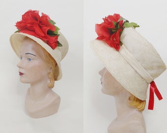 1960s Red Floral Cream Braided Straw Flowerpot Hat | Vintage 60s Bucket Hat | Womens Spring Summer Hat Medium