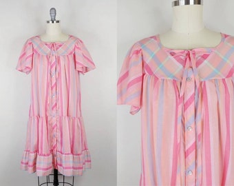 1970s Model's Coat Pink Candy Stripe Dress | Vintage 70s Dropped Waist Dress | Women's Clothing Small