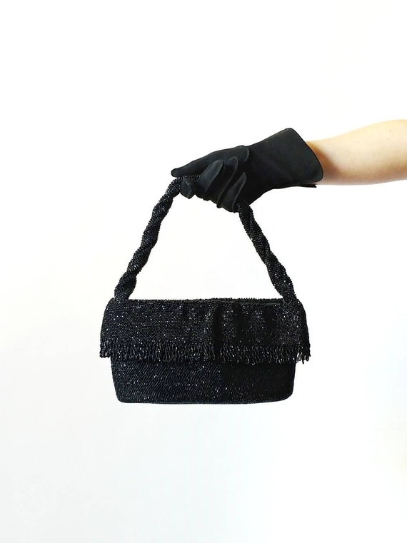 1940s Black Glass Bead Cloth Fringe Purse | Vinta… - image 1