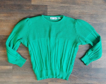 1980s Leg o Mutton Sweater | Vintage 80s Green Pullover Knit Sweater | Womens Clothing