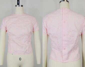 1960s Light Pink Lace Button Back Blouse | Vintage 60s Short Sleeve Top | Women's Clothing Medium 36