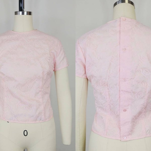 1960s Light Pink Lace Button Back Blouse | Vintage 60s Short Sleeve Top | Women's Clothing Medium 36