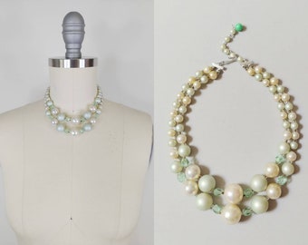 1950s Two Strand Tiered Mint Green Cream Graduated Beaded Necklace | Vintage 50s Pearlized Plastic Bead Necklace | Women's Costume Jewelry