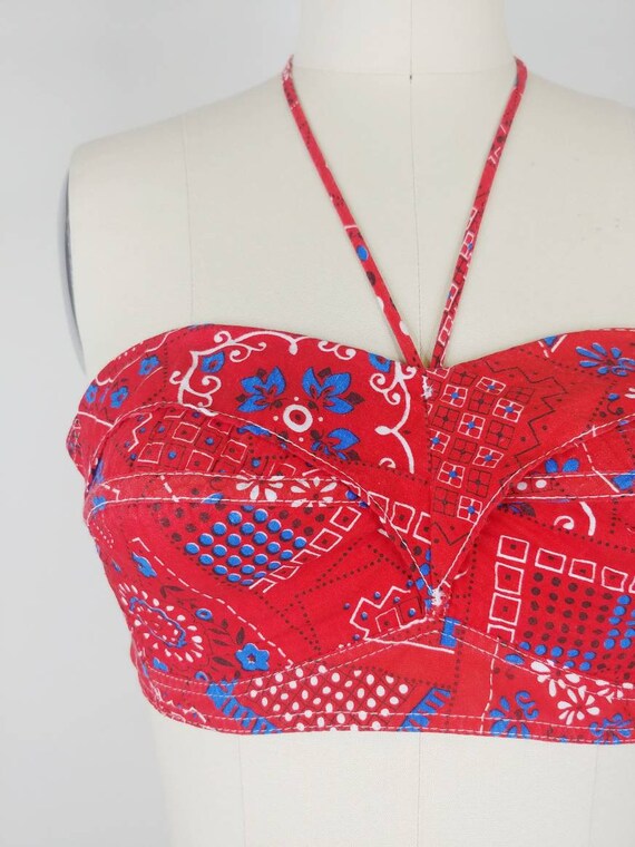 1970s Red Bandana Print Cotton Sun Top Vintage 70s … Gem