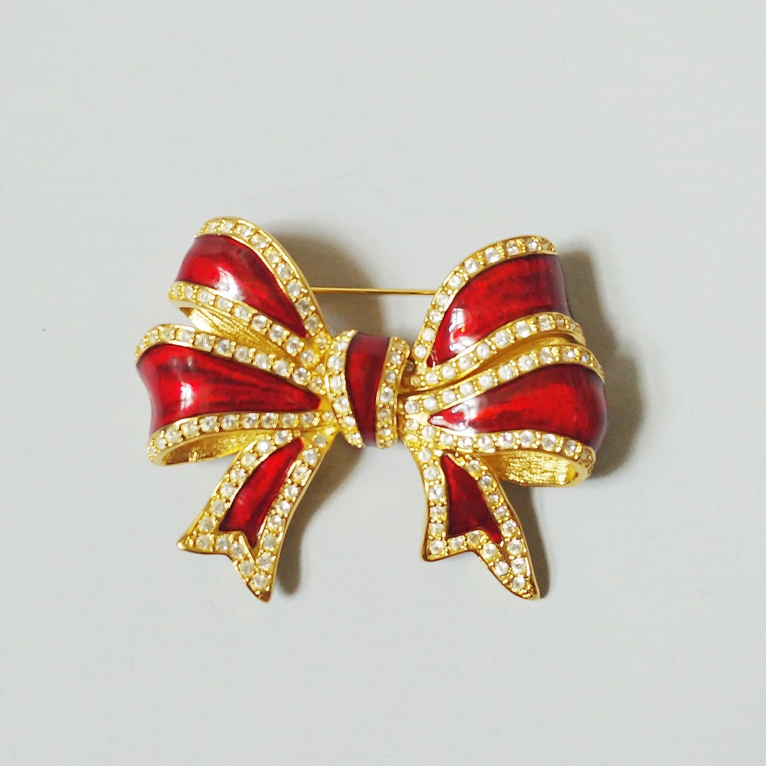 Broche Vintage Joan Rivers - Abeille En émail Rouge Et Vert Sur Cabochon Doré