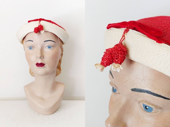 1940s Summer Berries Red and Cream Woven Hat  | V… - image 1