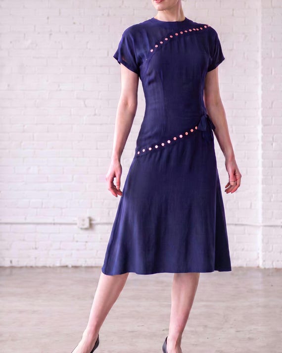 studded cocktail dress 1940s Navy Rayon | Vintage Dress, XXS/XS VENDOR COLOR-RUM RAISIN 8 Vacation Outfit Ideas Sequin Color:Light Khaki the Hailee Dress in