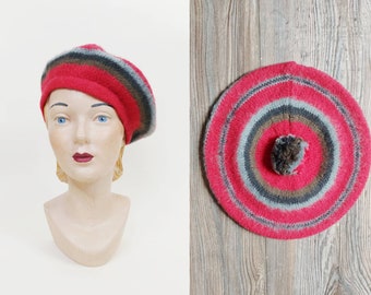 1970s Mac Naughton Red Striped Wool Beret | Vintage 70s Scottish Pom Pom Tam Hat | Women's Fall Winter Hat XS Small