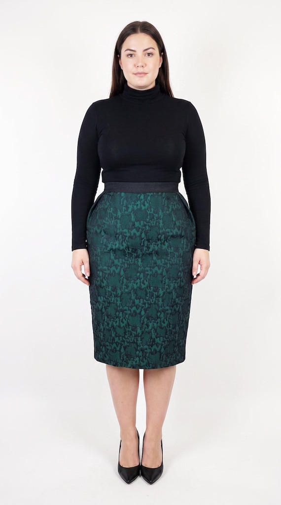 Guy Laroche, Vintage 1980s Guy Laroche Brocade Skirt | Emerald Green Sheath, 30 Waist