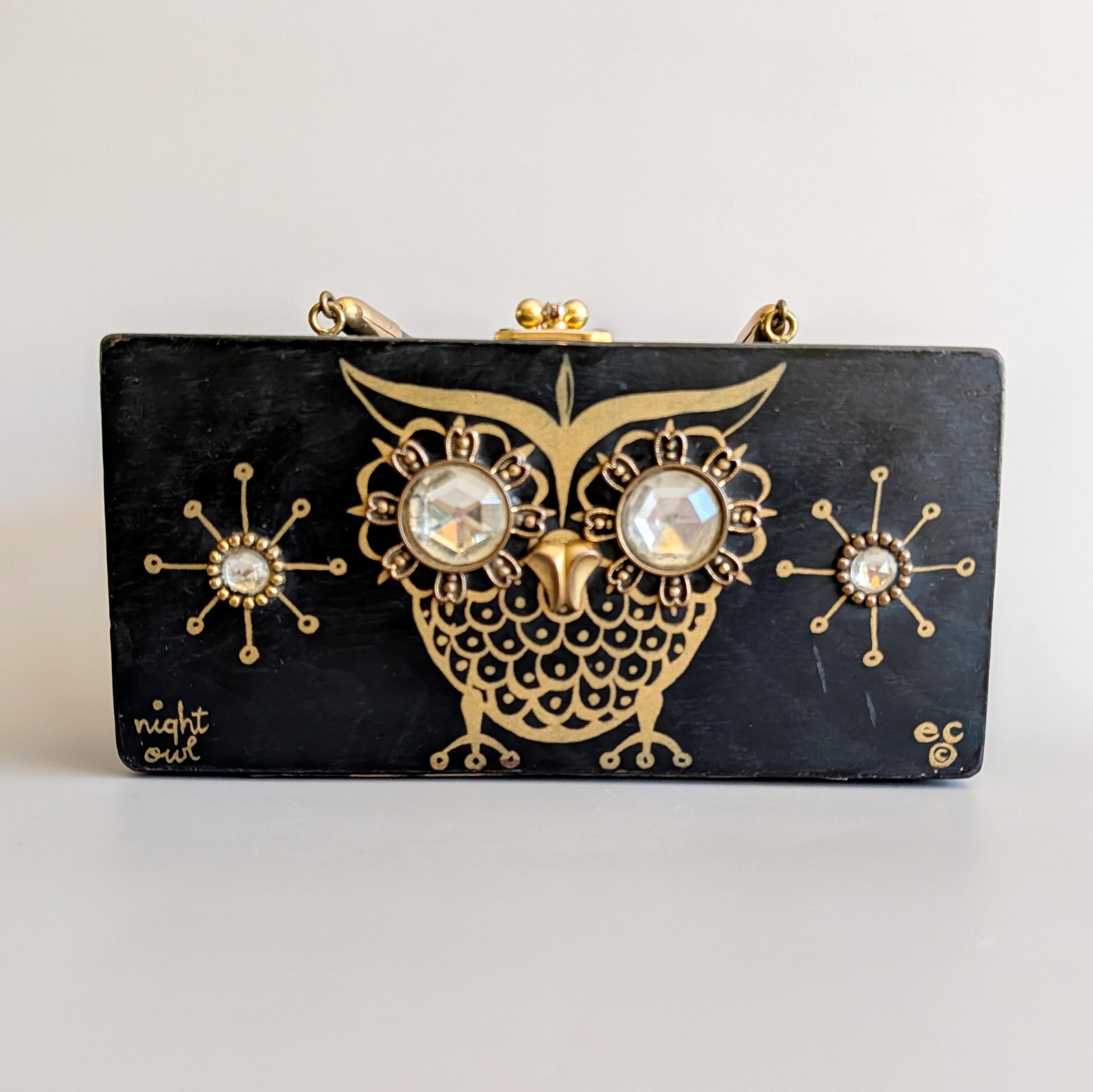 1960s Enid Collins Night Owl Wood Box Purse | Vintage 60s Novelty Purse