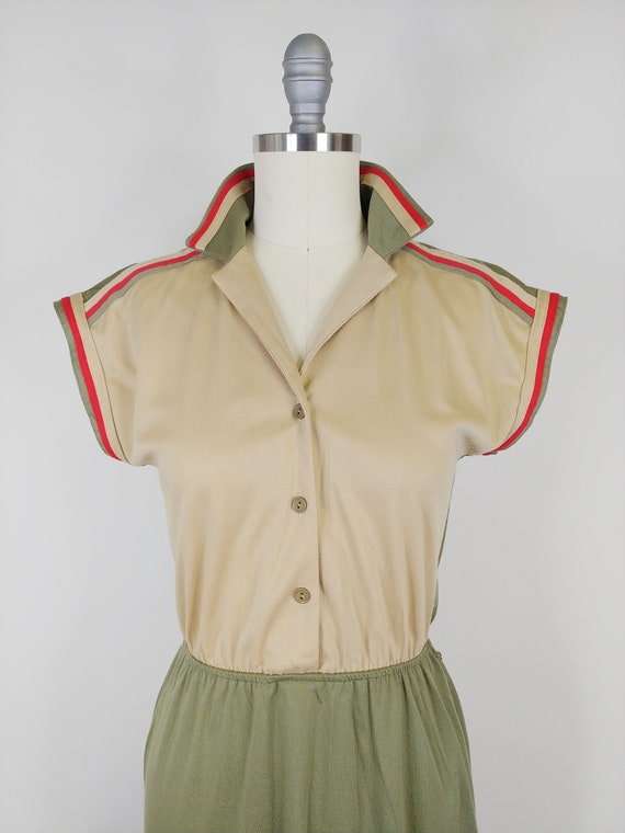 1970s Sporty Stripe Dress | Vintage 70 Khaki Oliv… - image 3