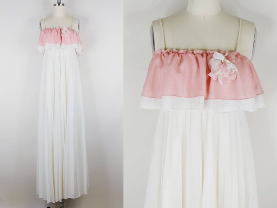 1970s Goddess Gown | Vintage 70s Mauve Pink White… - image 1