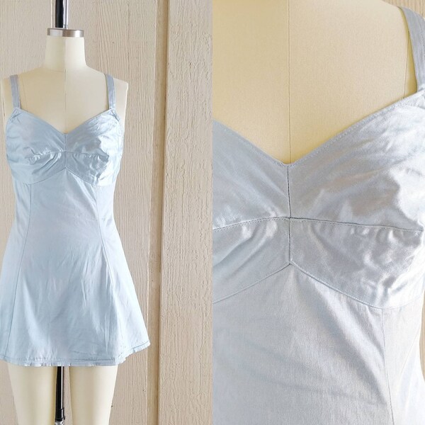 1940s Ice Blue Satin Siren Swimsuit | Vintage 40s Sweetheart Neck One Piece Silver Blue Swimsuit | Women's Swimwear Medium