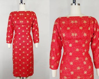 1960s Red and Gold Brocade Cocktail Sheath Dress | Vintage 60s Wiggle Dress | Women's Clothing XS