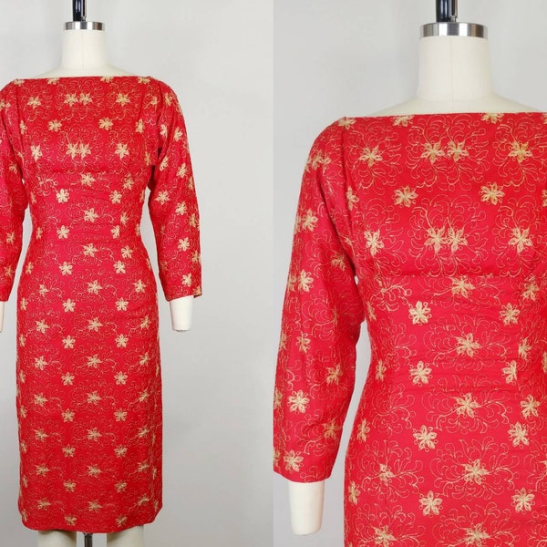 1960s Red and Gold Brocade Cocktail Sheath Dress | Vintage 60s Wiggle Dress | Women's Clothing XS