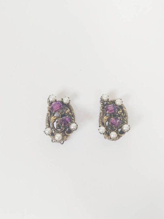 1950s Amethyst Purple Rhinestone Clip On Earrings… - image 4