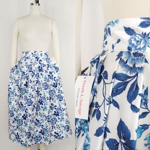1980s Deadstock Polished Cotton Skirt | Vintage 80s Blue and White Floral Pleated Skirt