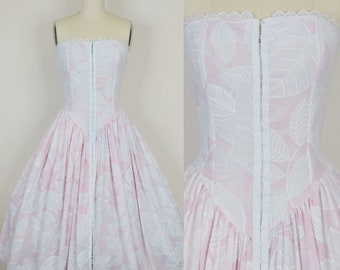 1980s Bustier Strapless Sun Dress | Vintage 80s Basque Waist Pink Cotton Corset Dress