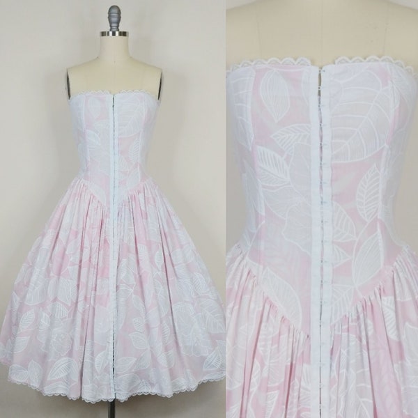 1980s Bustier Strapless Sun Dress | Vintage 80s Basque Waist Pink Cotton Corset Dress