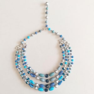 1950s Blue Glass Bead Four Strand Tiered Necklace  | Vintage 50s Choker