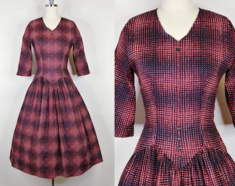 1950s Atomic Print Cotton Dress | Vintage Red Black Optical Illusion, XS