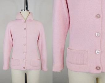 1950s Angolura Pastel Pink Cardigan | Vintage 50s Light Pink Angora Wool Knit Button Down Sweater | Women's Clothing Small Medium