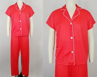 1960s Red Nylon Pajamas | Vintage 60s Menswear Button Down Collared Pajama Top and Pants | Women's PJs Sleepwear Loungewear Small