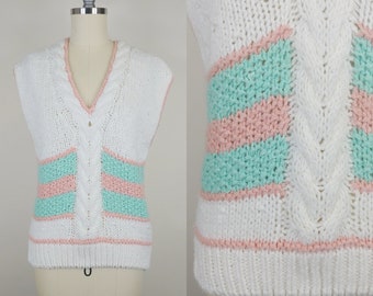 1980s Hand Knit Pastel Sleeveless Sweater | Vintage 80s Pink and Green Pullover Sweater Vest