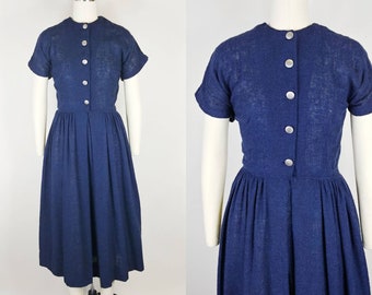 1950s Navy Blue Shirtwaist Dress | Vintage 50s Midnight Blue Short Sleeve Woven Pleated Dress | Women's Clothing Small 26 Waist