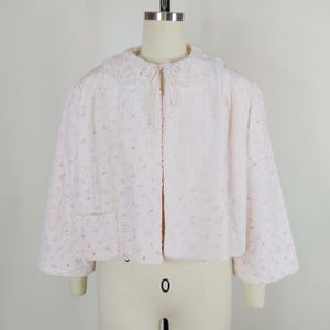 1950s Butterfly Print Quilted Bed Jacket | Vintage 50s Pink Floral Peignoir Top