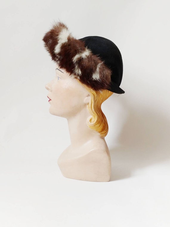 1940s Fur Trimmed Black Fur Felt Bowler | Vintage… - image 6