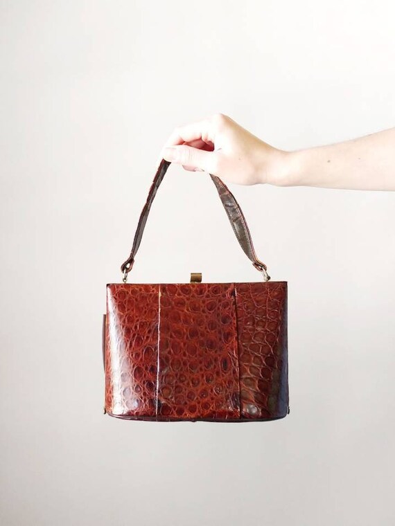1940s Alligator Handbag | Vintage 40s Brown Reptil