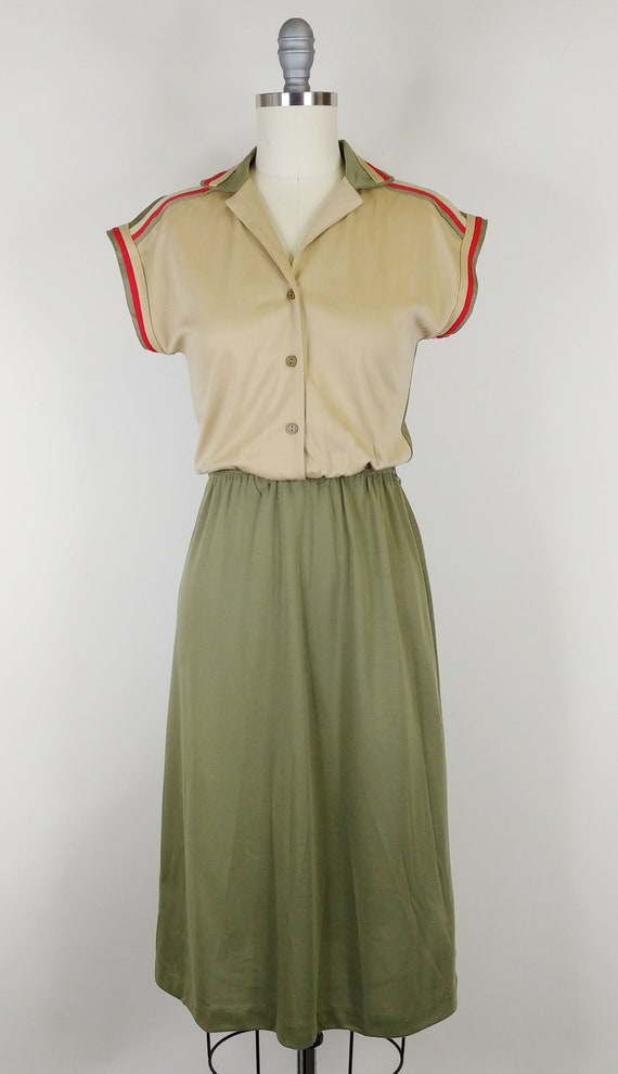 1970s Sporty Stripe Dress | Vintage 70 Khaki Oliv… - image 4