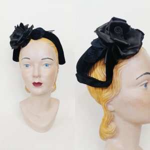 1950s Black Velvet Rose Hat | Vintage 50s Formal Topper