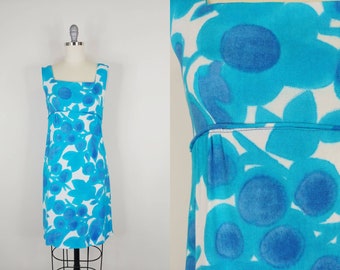 1960s Bright Turquoise Floral Mod Sundress | Vintage 60s Linen High Slit Sleeveless Shift Dress | Womens Clothing XS